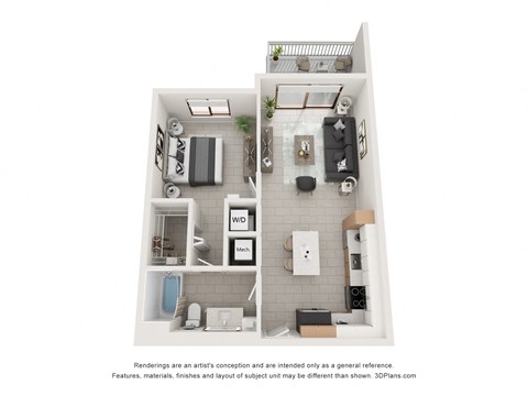 Floor plan for 1 bed, 1 bath, 705 sqft